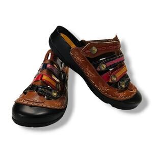 Corkys Elite Heidi Closed Toe Mule Clog Studded Colorblock Strap Brown Leather 6